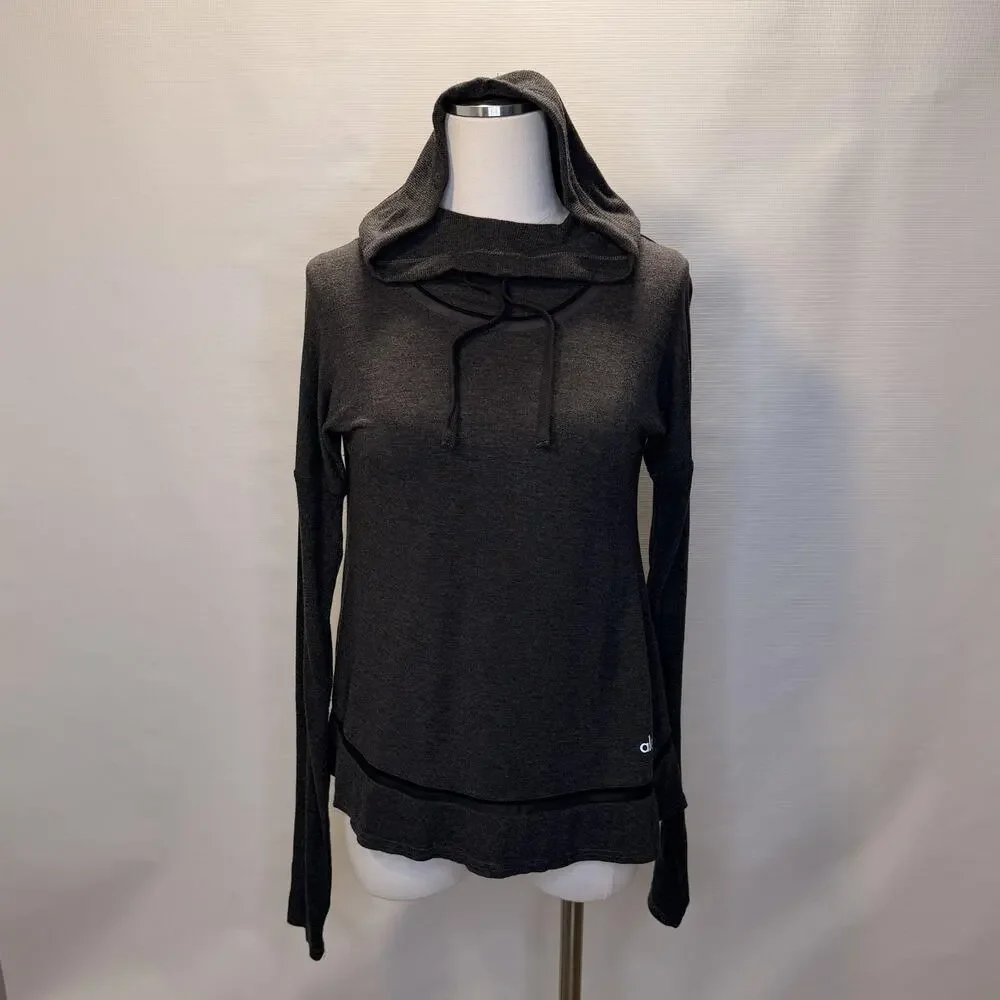 Alo Yoga Hoodie Womens XS Gray Lightweight Open Back Mesh Trim Top Pullover